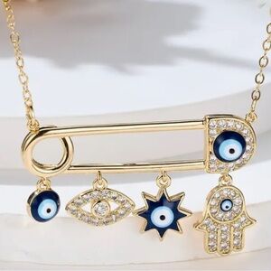 Safety Pin With Hamsa and Evil Eye Necklace - Yellow Gold Colour